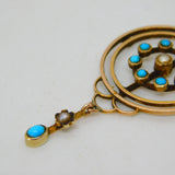 Victorian 9ct Gold, Turquoise & Seed Pearl Lavalier Drop Pendant Antique c1890