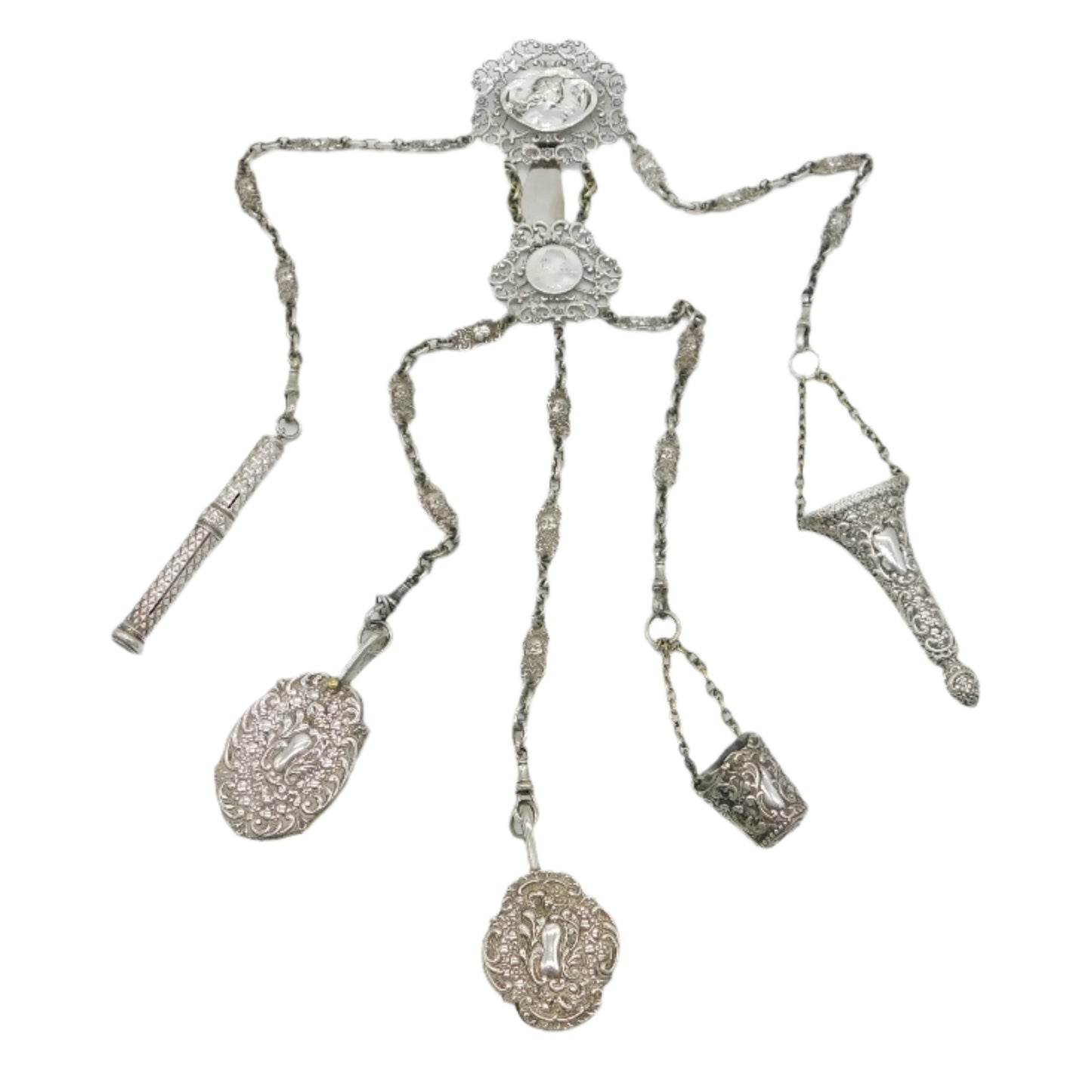 Victorian Art Nouveau Silver Plated Multi-Tool Sewing Chatelaine Antique c1890