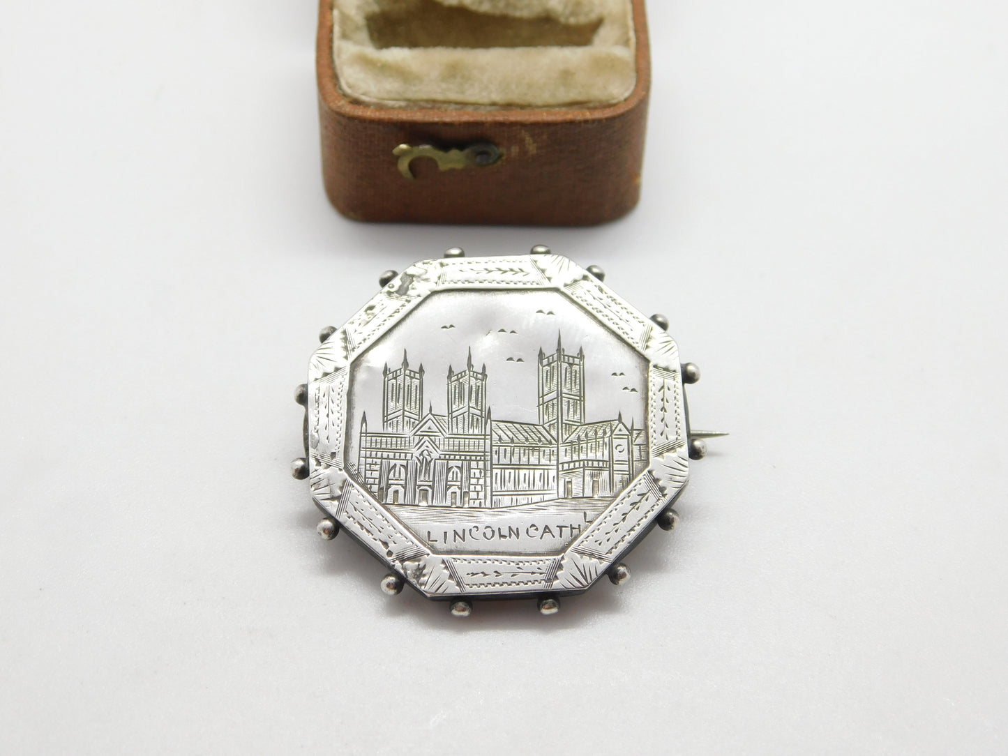 Victorian Sterling Silver Etched 'Lincoln Cathedral' Souvenir Brooch c1880