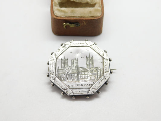 Victorian Sterling Silver Etched 'Lincoln Cathedral' Souvenir Brooch c1880