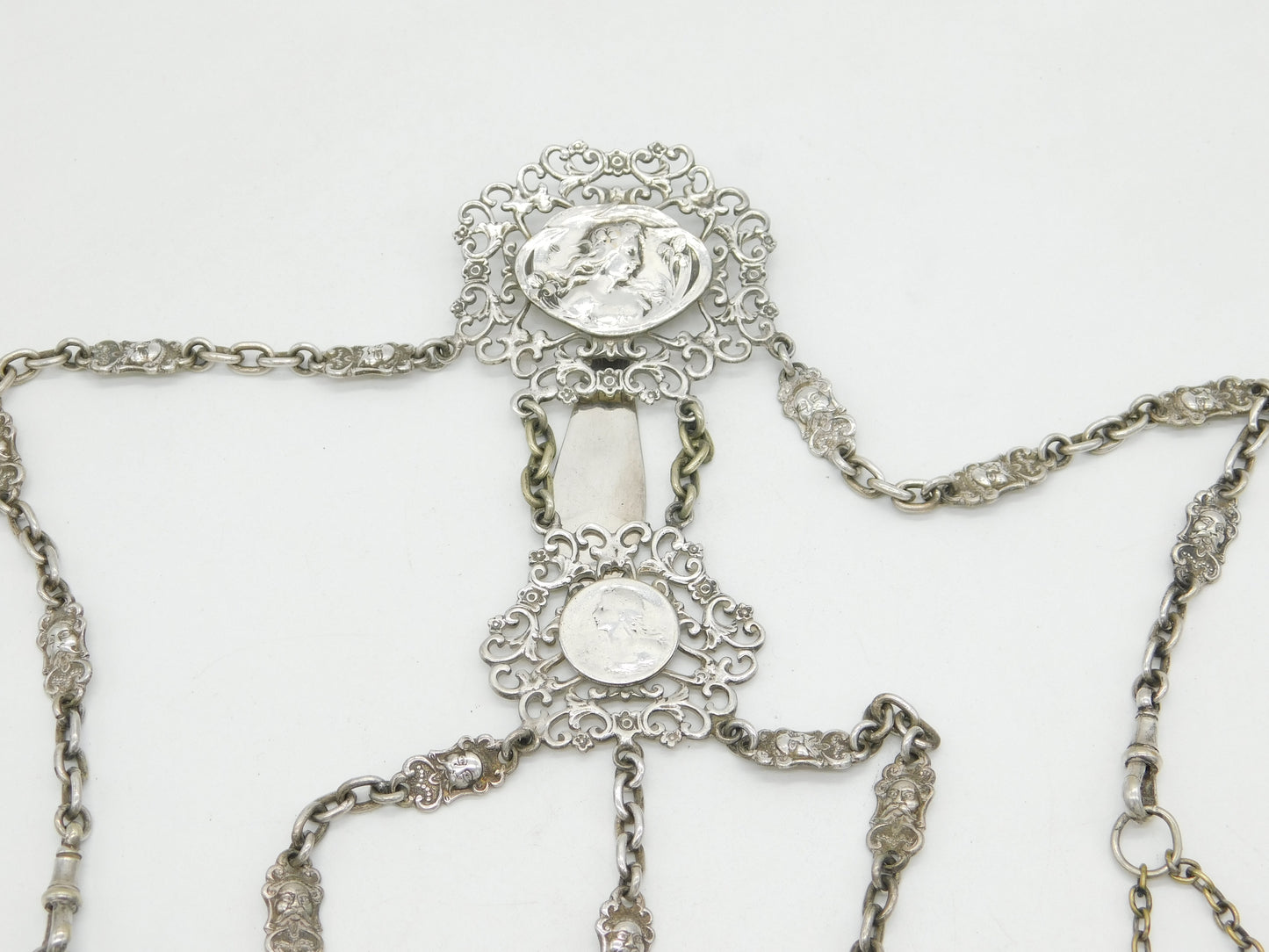 Victorian Art Nouveau Silver Plated Multi-Tool Sewing Chatelaine Antique c1890