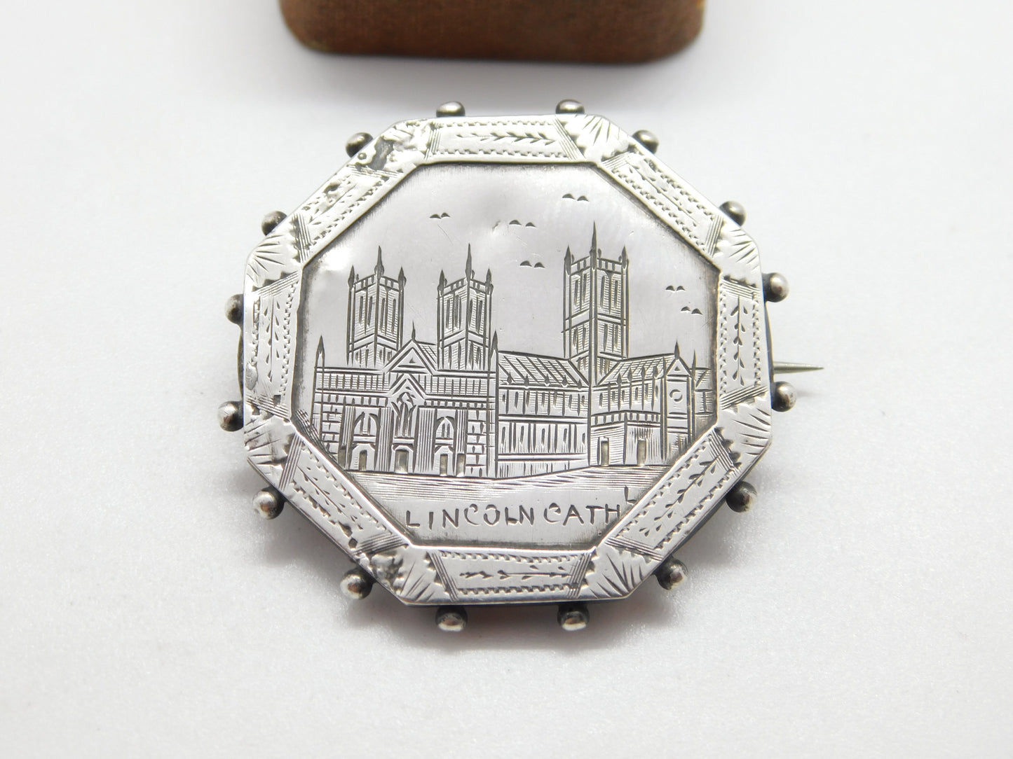 Victorian Sterling Silver Etched 'Lincoln Cathedral' Souvenir Brooch c1880