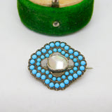 Victorian Sterling Silver, Pave Set Turquoise & Pearl Dress Brooch Antique c1880