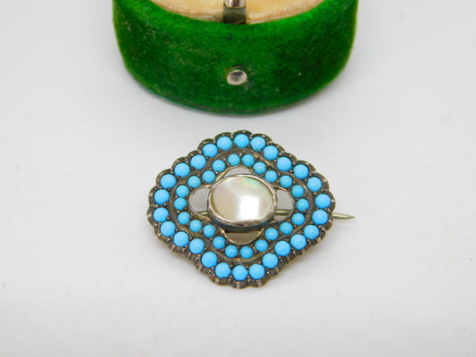 Victorian Sterling Silver, Pave Set Turquoise & Pearl Dress Brooch Antique c1880