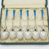 Liberty & Co Sterling Silver & Enamel Boxed Teaspoons Set Antique 1929 Deco