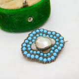 Victorian Sterling Silver, Pave Set Turquoise & Pearl Dress Brooch Antique c1880