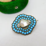 Victorian Sterling Silver, Pave Set Turquoise & Pearl Dress Brooch Antique c1880
