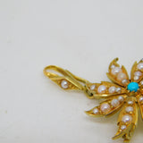 Victorian 15ct Yellow Gold, Seed Pearl & Turquoise Floral Pendant Antique c1890