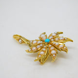 Victorian 15ct Yellow Gold, Seed Pearl & Turquoise Floral Pendant Antique c1890