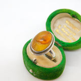 Baltic Sterling Silver & Cabochon Amber with Fossilised Bug Signet Ring Antique