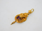 Victorian 18ct Yellow Gold Pink Paste Etruscan Style Drop Pendant Antique c1860