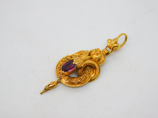 Victorian 18ct Yellow Gold Pink Paste Etruscan Style Drop Pendant Antique c1860