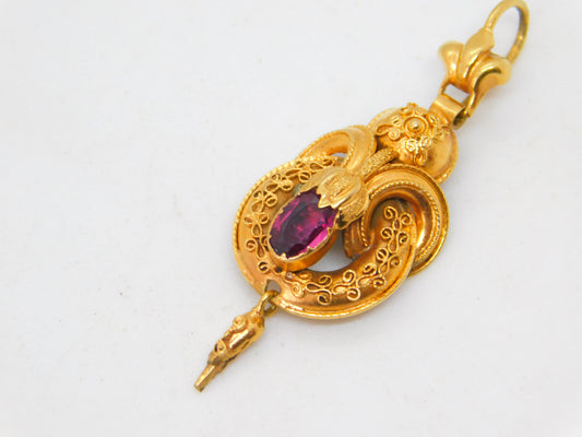 Victorian 18ct Yellow Gold Pink Paste Etruscan Style Drop Pendant Antique c1860