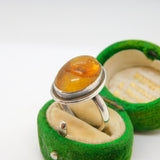 Baltic Sterling Silver & Cabochon Amber with Fossilised Bug Signet Ring Antique