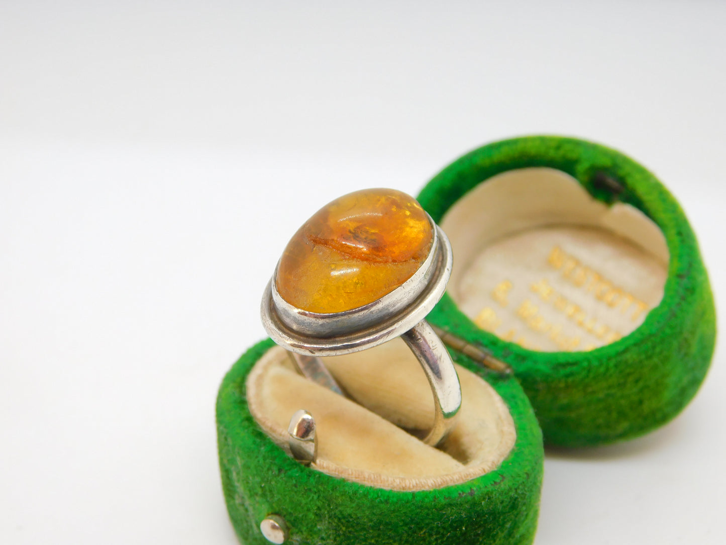 Baltic Sterling Silver & Cabochon Amber with Fossilised Bug Signet Ring Antique