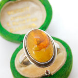 Baltic Sterling Silver & Cabochon Amber with Fossilised Bug Signet Ring Antique