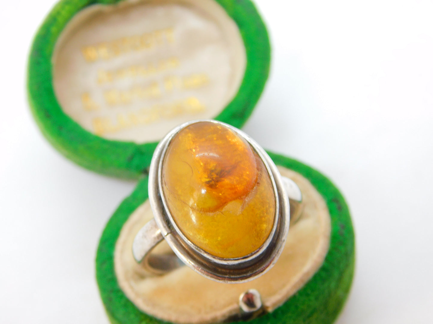 Baltic Sterling Silver & Cabochon Amber with Fossilised Bug Signet Ring Antique