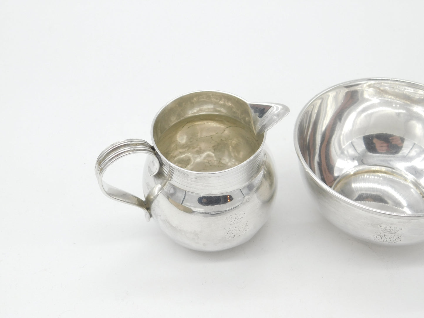 Scottish Edwardian Sterling Silver Crested Sugar Bowl & Cream Jug 1910 Antique