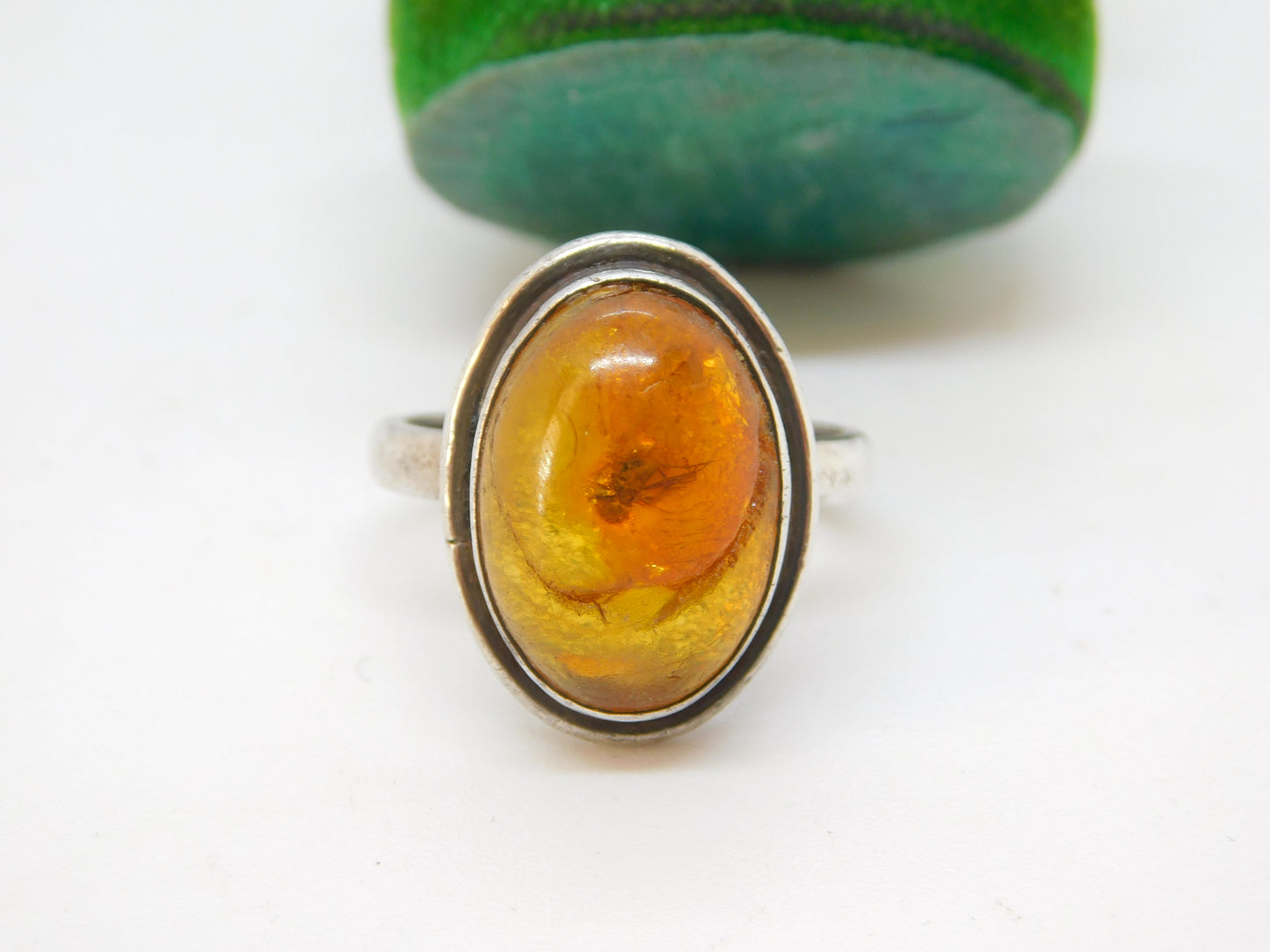 Baltic Sterling Silver & Cabochon Amber with Fossilised Bug Signet Ring Antique