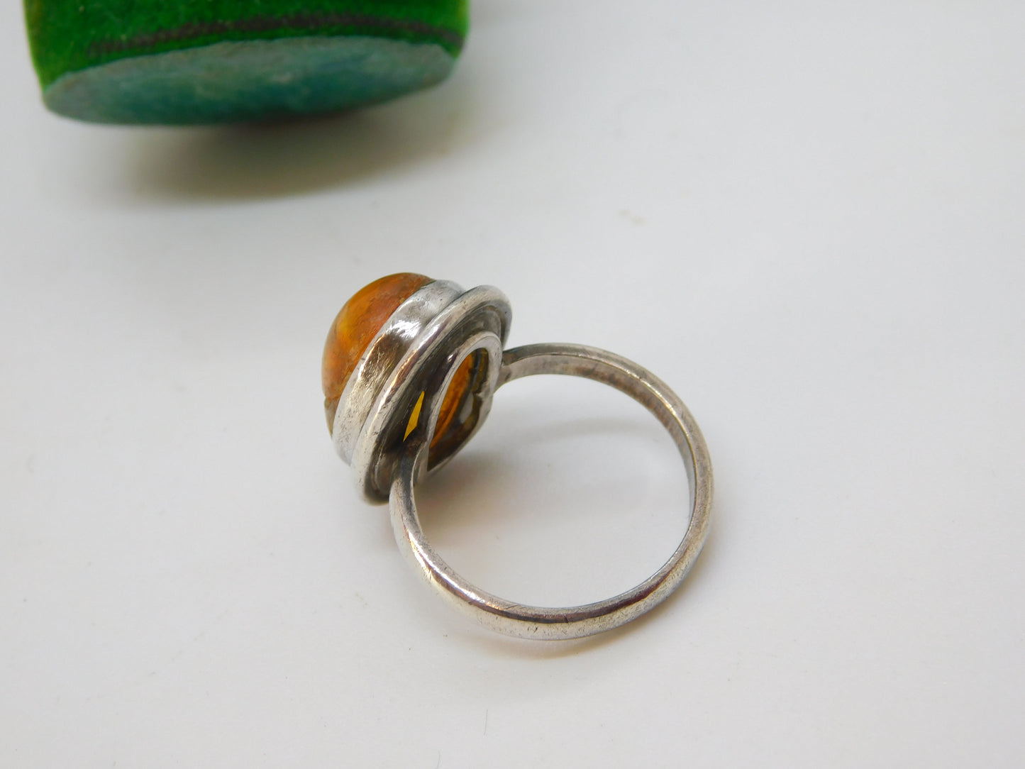 Baltic Sterling Silver & Cabochon Amber with Fossilised Bug Signet Ring Antique