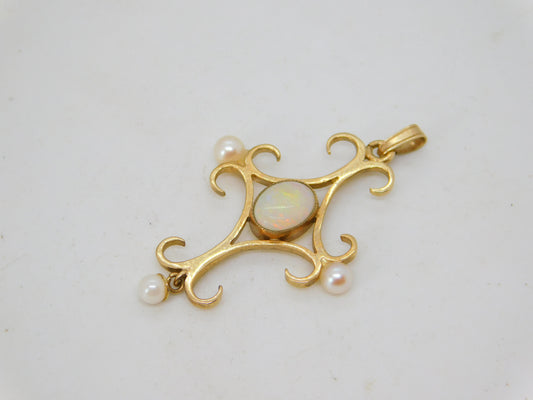 Victorian 9ct Yellow Gold, White Opal & Pearl Cross Pendant Antique c1890