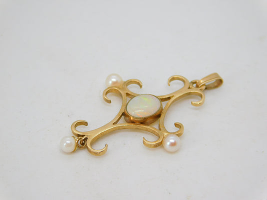 Victorian 9ct Yellow Gold, White Opal & Pearl Cross Pendant Antique c1890