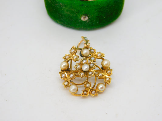 Victorian 15ct Yellow Gold Pearl Set Floral Drop Pendant Antique c1890