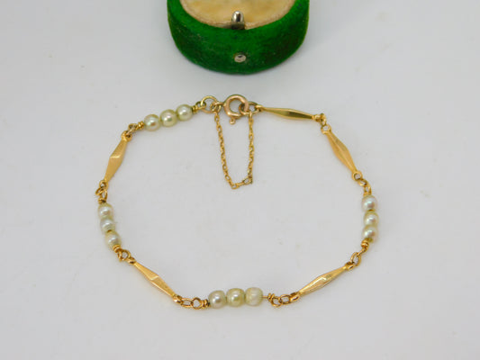 18ct Yellow Gold & Pearl Set Panel Bracelet Antique c1930 Art Deco 18cm Length