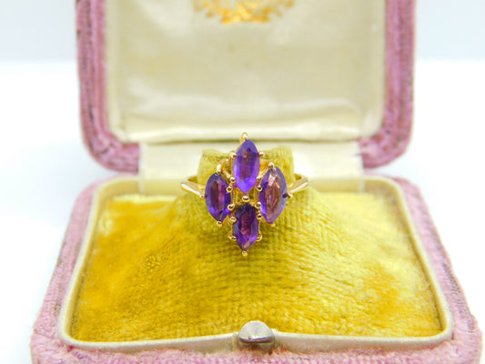 14ct Yellow Gold Amethyst Set Floral Cluster Ring Antique c1930 Art Deco