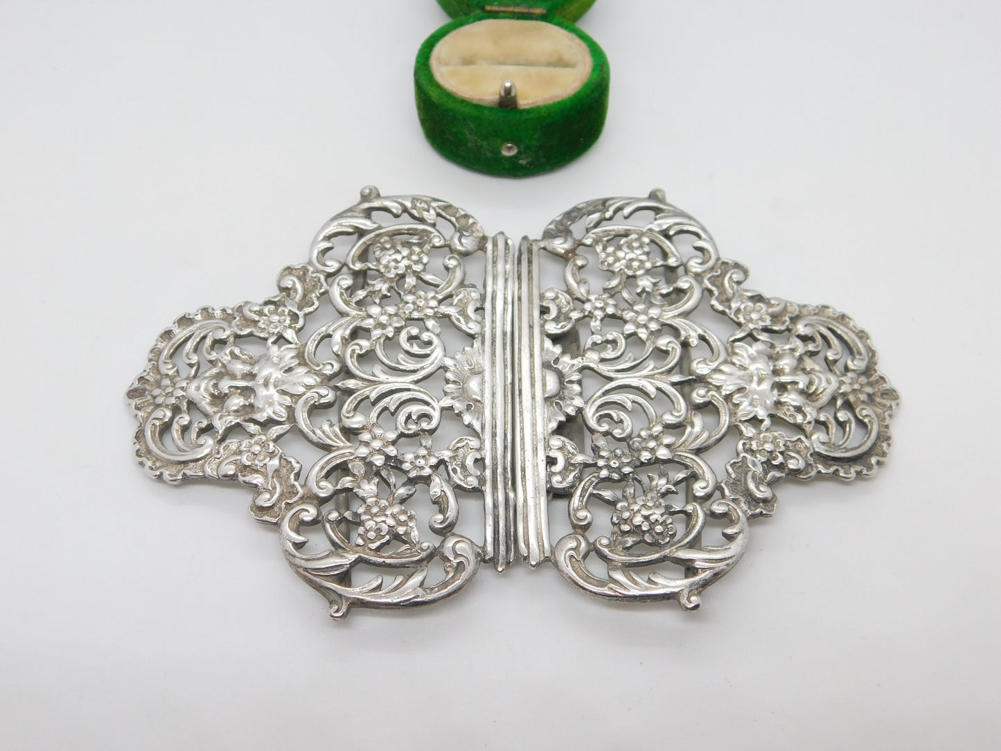 Victorian Sterling Silver Green Man Floral Pattern Nurses Buckle Antique 1894