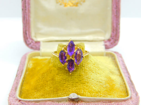 14ct Yellow Gold Amethyst Set Floral Cluster Ring Antique c1930 Art Deco