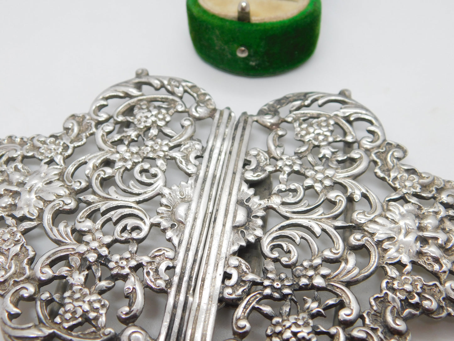 Victorian Sterling Silver Green Man Floral Pattern Nurses Buckle Antique 1894