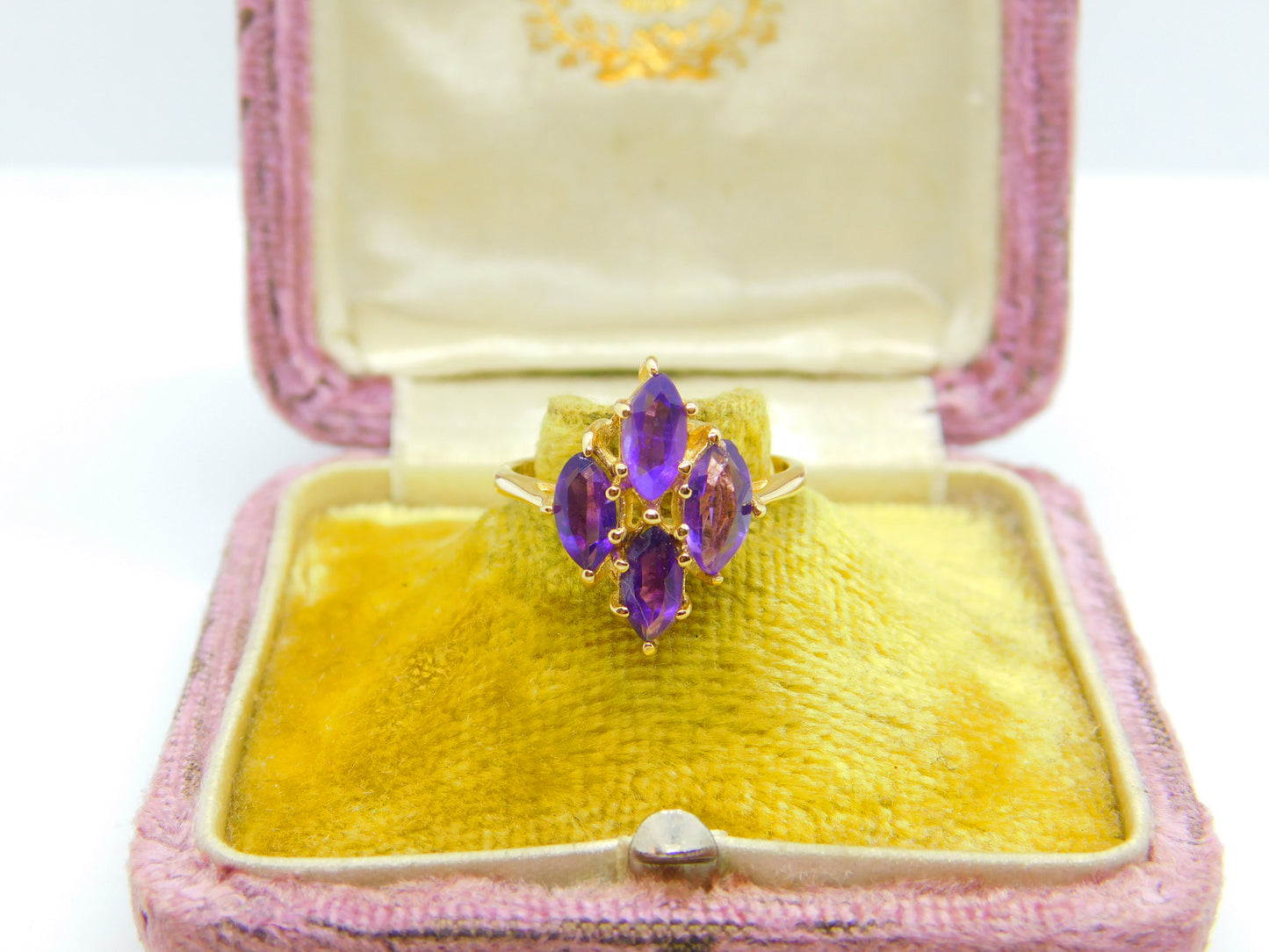 14ct Yellow Gold Amethyst Set Floral Cluster Ring Antique c1930 Art Deco