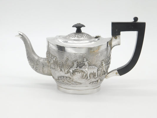 Victorian Kutch Indian Sterling Teapot Elephant, Tiger & Hunting Scenes c1890