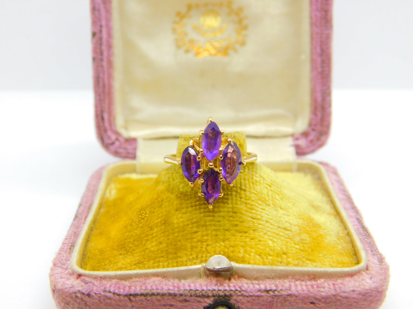 14ct Yellow Gold Amethyst Set Floral Cluster Ring Antique c1930 Art Deco