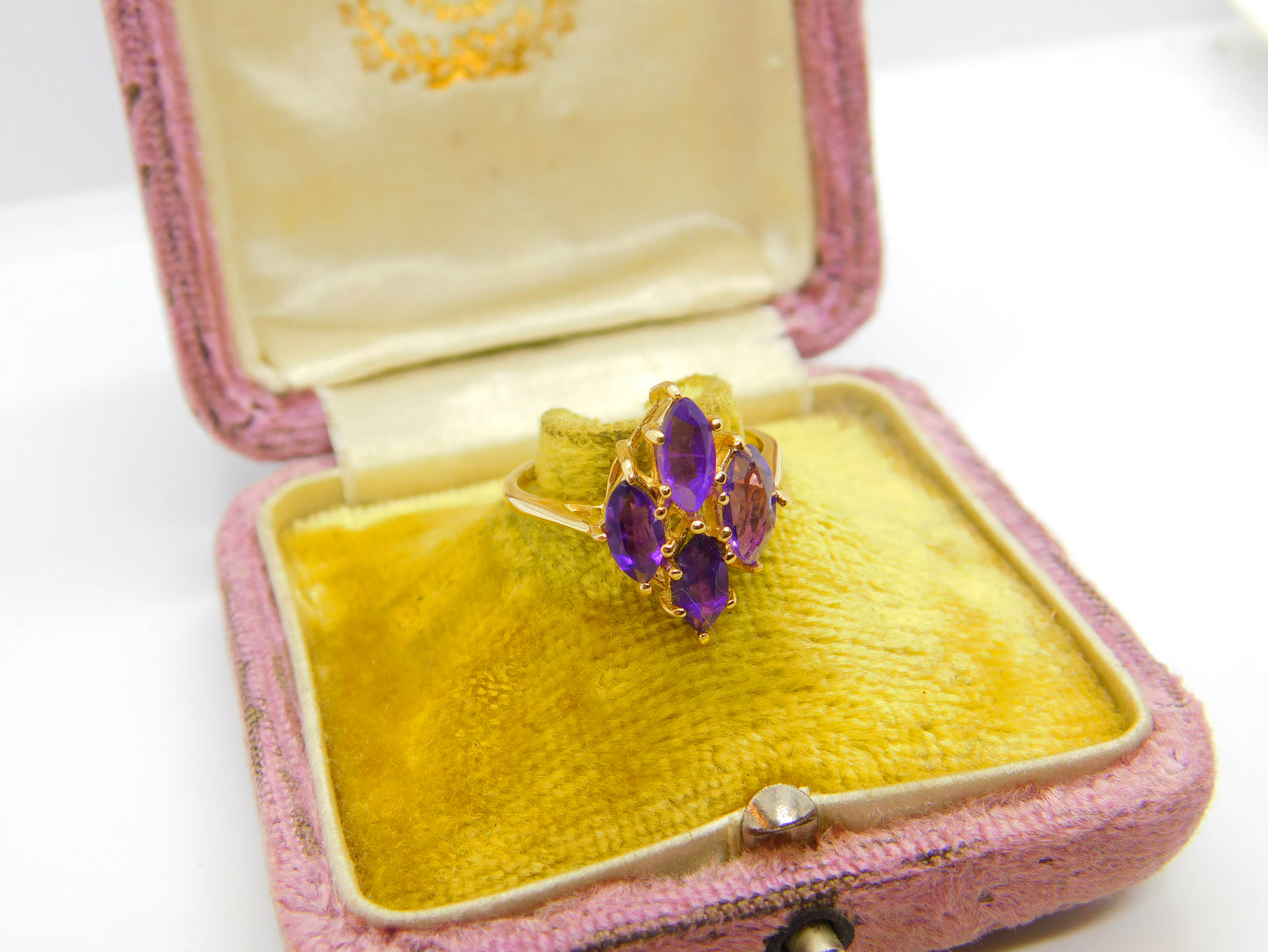 14ct Yellow Gold Amethyst Set Floral Cluster Ring Antique c1930 Art Deco