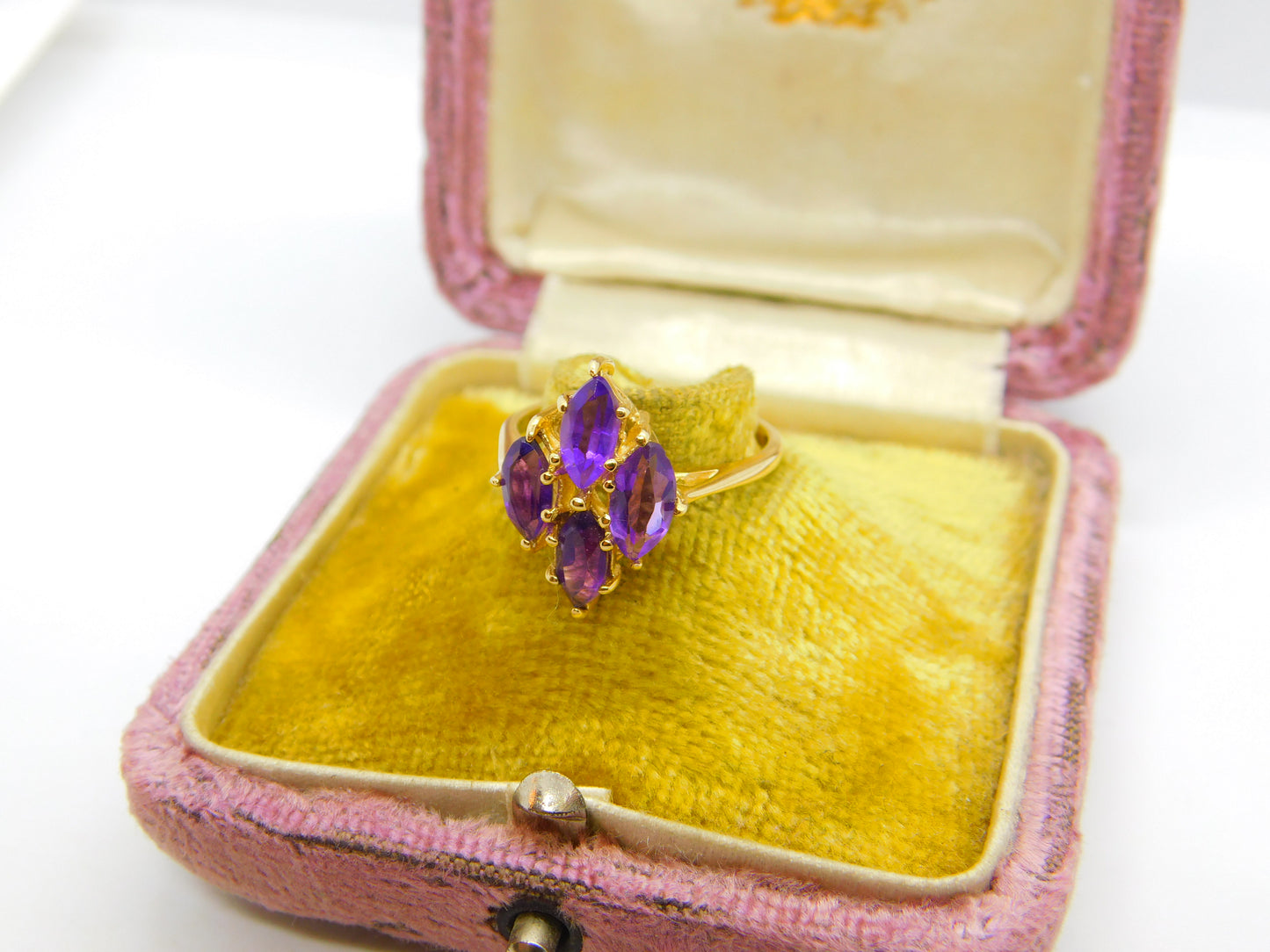 14ct Yellow Gold Amethyst Set Floral Cluster Ring Antique c1930 Art Deco