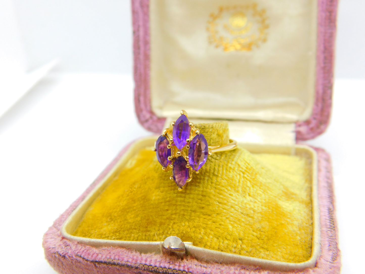 14ct Yellow Gold Amethyst Set Floral Cluster Ring Antique c1930 Art Deco