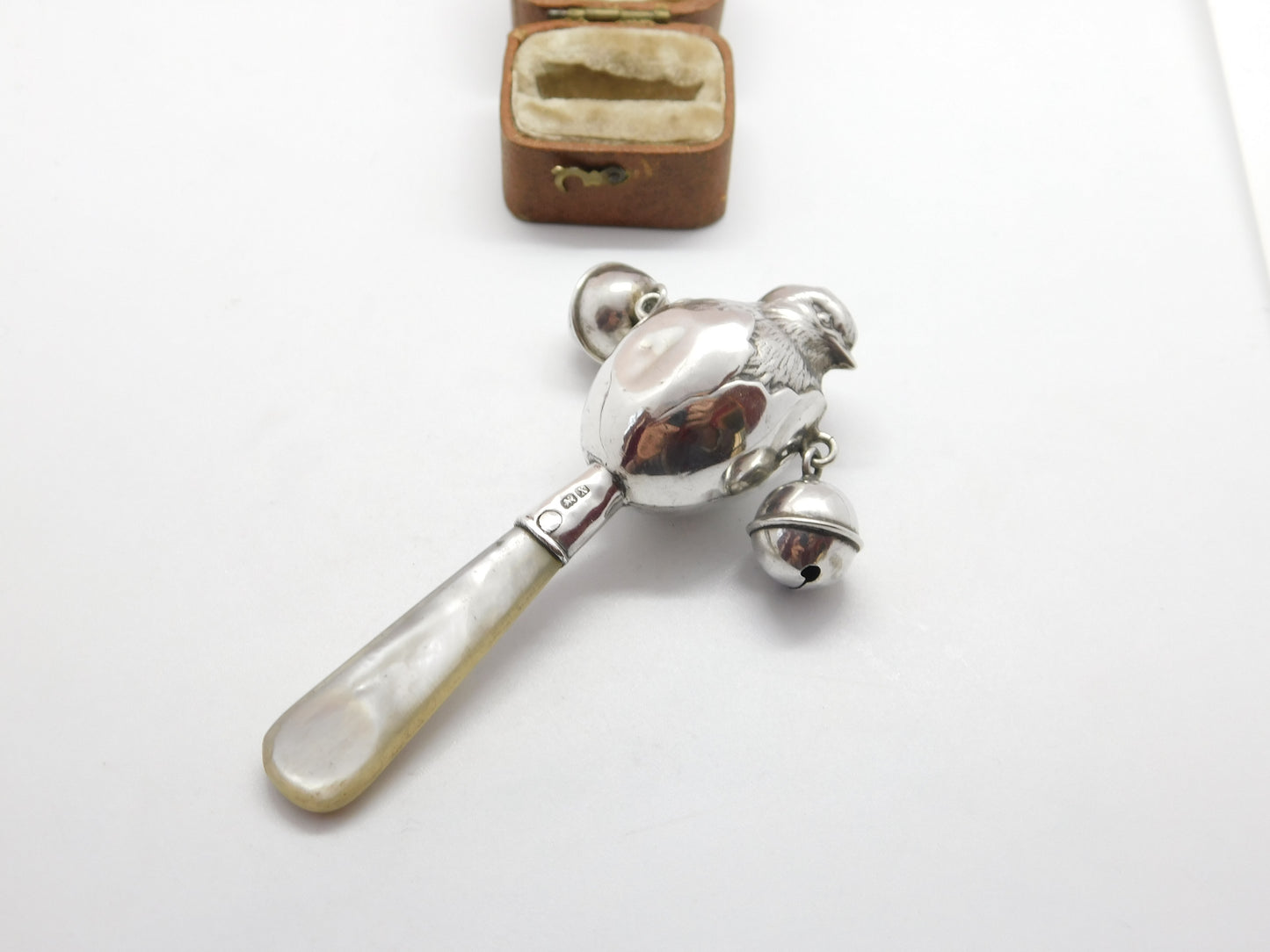 Sterling Silver Mother of Pearl Chick in Egg Baby Rattle & Teether 1922 Antique