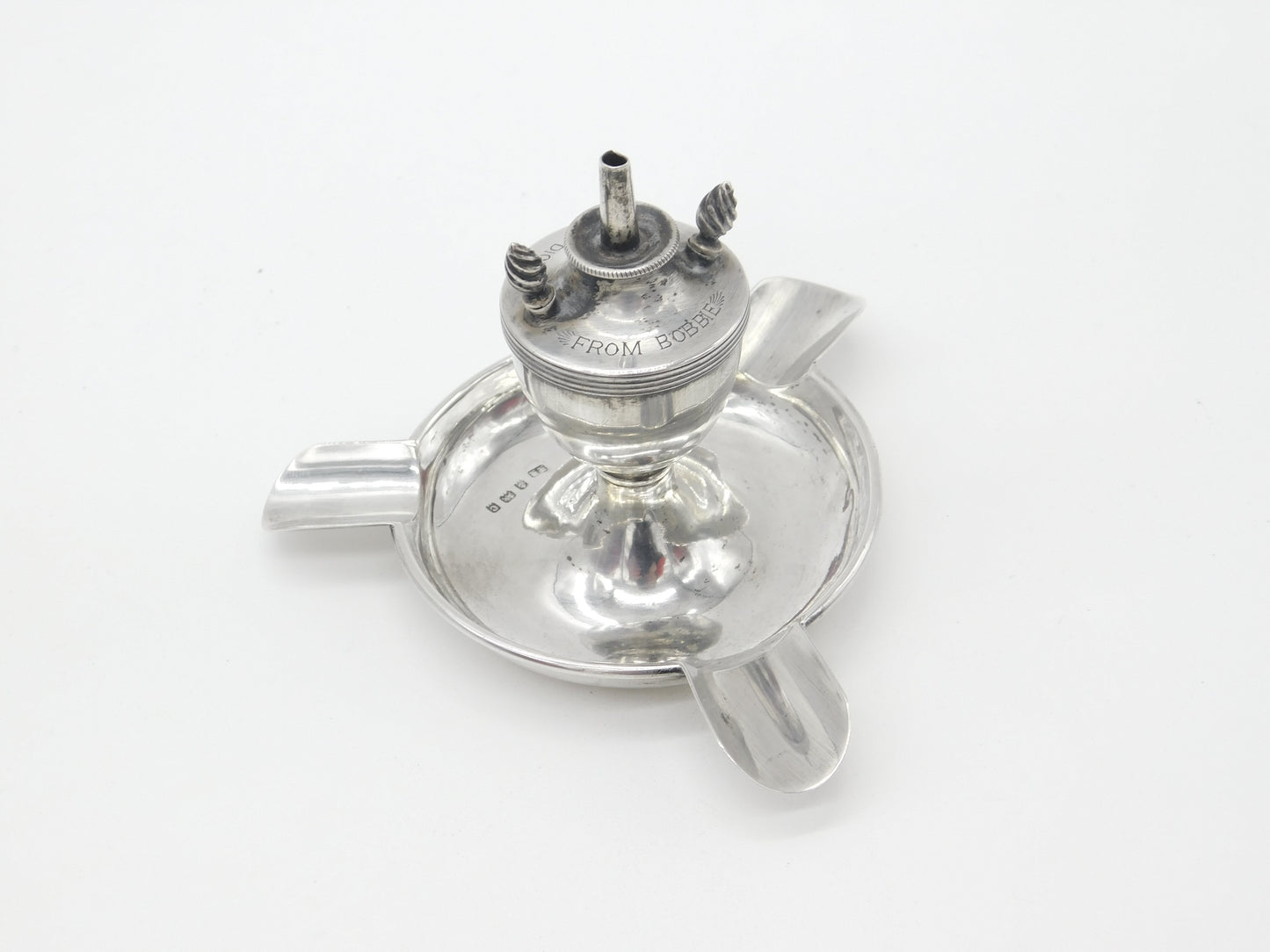 Edwardian Sterling Silver Table Lighter & Ashtray Engraved 1902 Birmingham