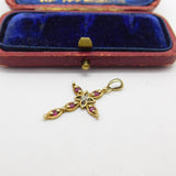 9ct Yellow Gold, Ruby & Diamond Cross Crucifix Pendant Vintage c1980