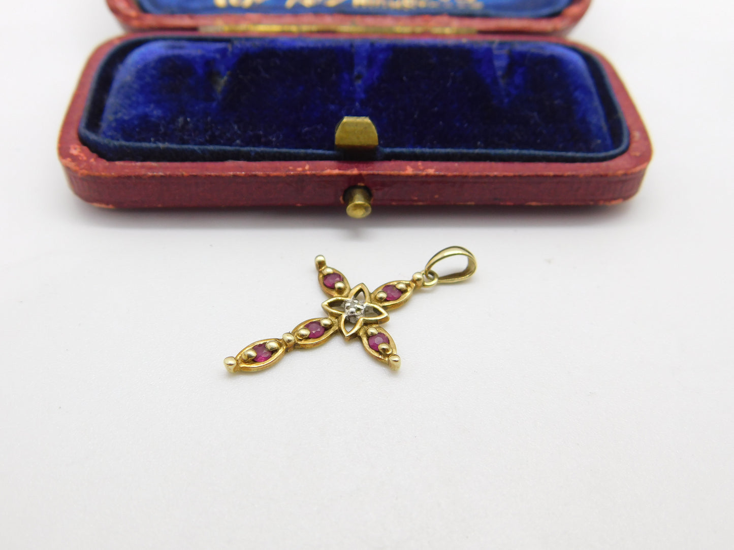 9ct Yellow Gold, Ruby & Diamond Cross Crucifix Pendant Vintage c1980