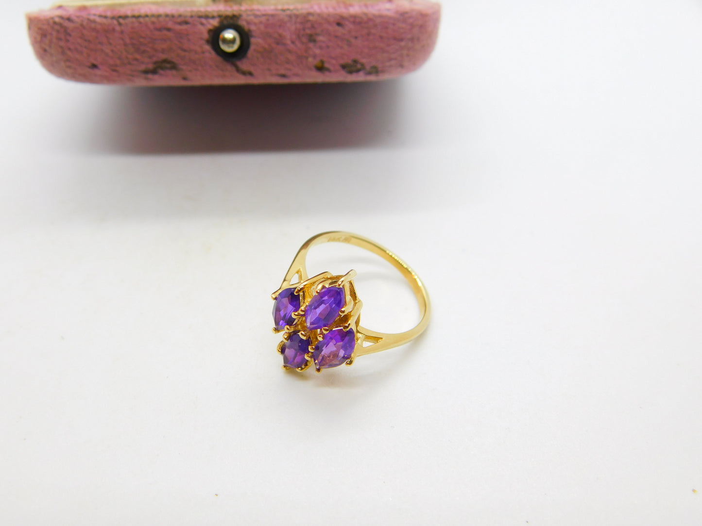 14ct Yellow Gold Amethyst Set Floral Cluster Ring Antique c1930 Art Deco