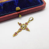 9ct Yellow Gold, Ruby & Diamond Cross Crucifix Pendant Vintage c1980