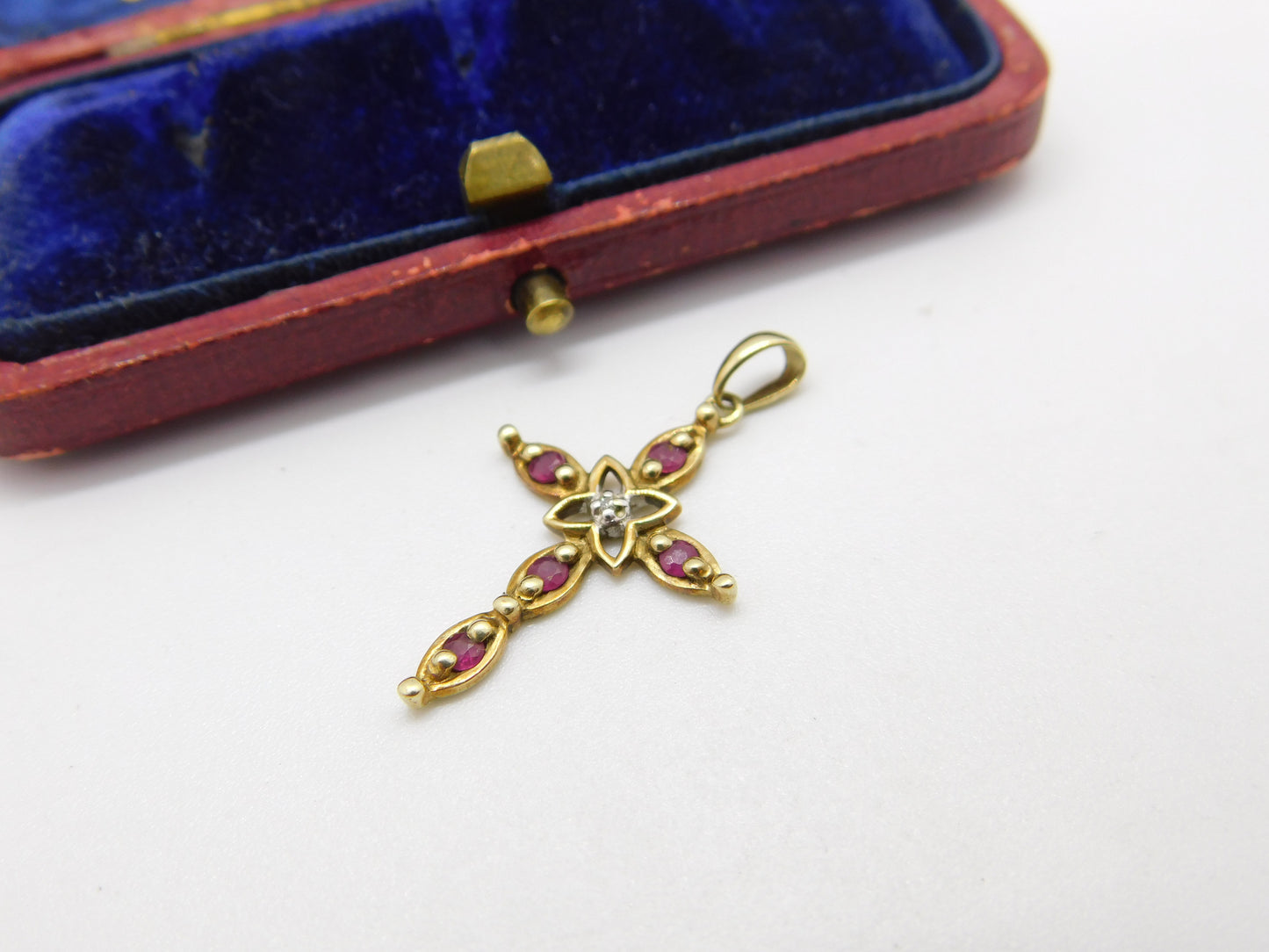 9ct Yellow Gold, Ruby & Diamond Cross Crucifix Pendant Vintage c1980