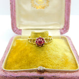 18ct Yellow Gold Textured Natural Ruby Set Floral Cluster Ring 1974 Birmingham