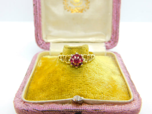 18ct Yellow Gold Textured Natural Ruby Set Floral Cluster Ring 1974 Birmingham