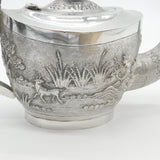 Victorian Kutch Indian Sterling Teapot Elephant, Tiger & Hunting Scenes c1890