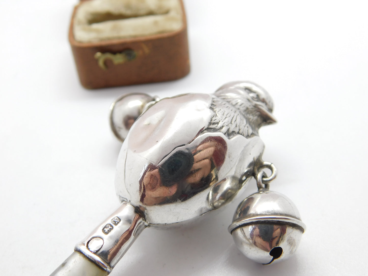 Sterling Silver Mother of Pearl Chick in Egg Baby Rattle & Teether 1922 Antique