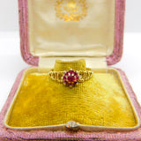 18ct Yellow Gold Textured Natural Ruby Set Floral Cluster Ring 1974 Birmingham